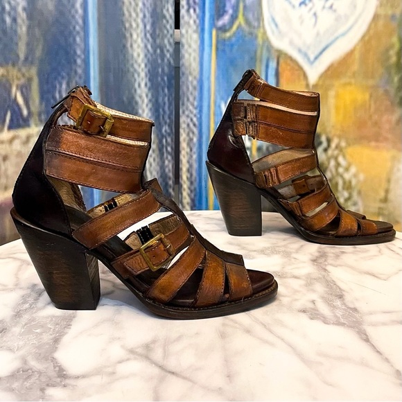 Freebird Breez Strappy Leather Gladiator Sandal Heels Brown Multi 8 EUC - Picture 3 of 8